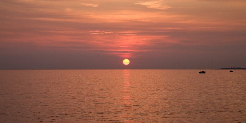 Verudela Beach, Pula, Croatia. The beautiful Istrian coastline and view from behind the Hotel Brioni at sunset.