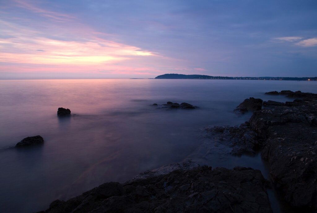 Verudela Beach, Pula, Croatia. The beautiful Istrian coastline and view from behind the Hotel Brioni at sunset.