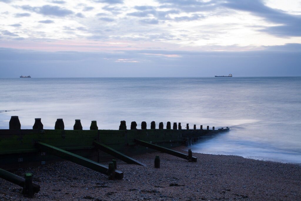 Dawn breaks at Kingsdown beach, near the famous White Cliffs of Dover, Kent, England