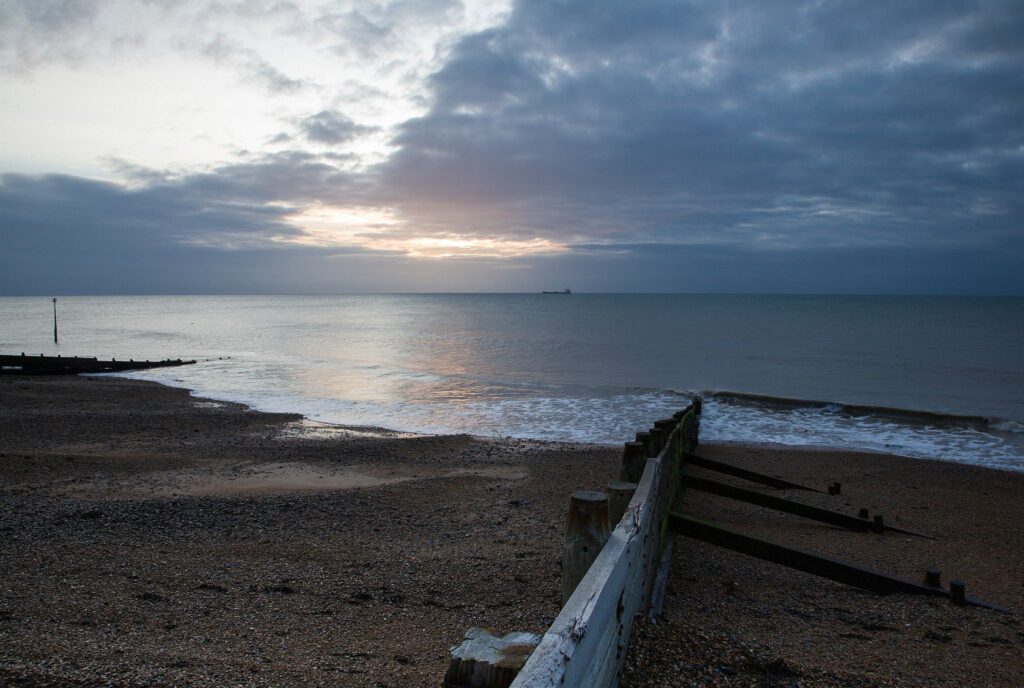 Sunrise at Kingsdown beach, near the famous White Cliffs of Dover, Kent, England