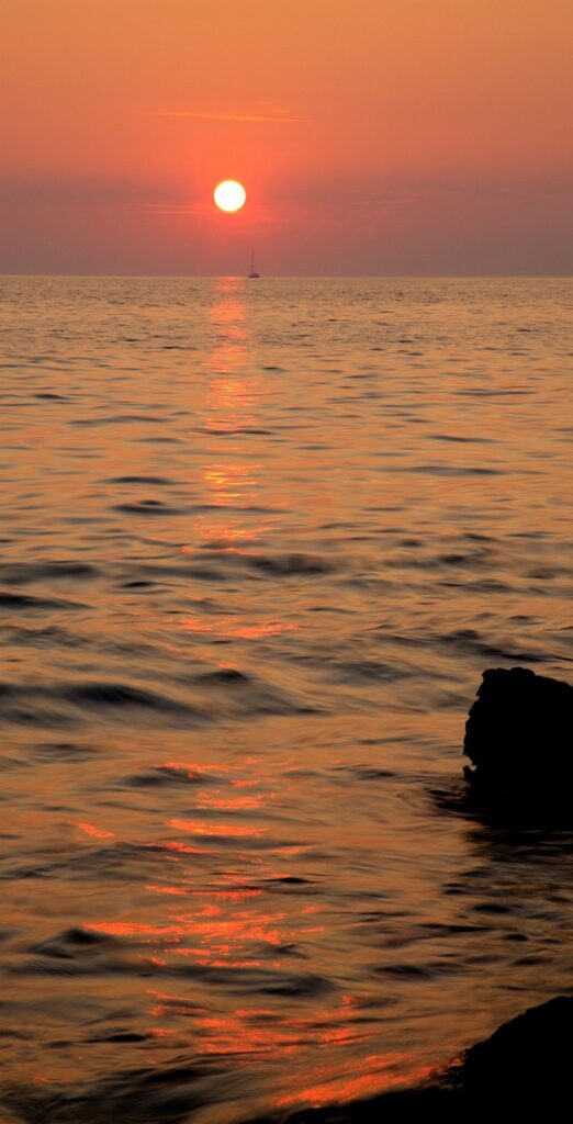 Verudela Beach, Pula, Croatia. The beautiful Istrian coastline and view from behind the Hotel Brioni at sunset.