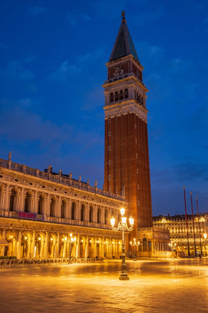 Clocktower in Piazza San Marco at dawn, Venice, Italy.