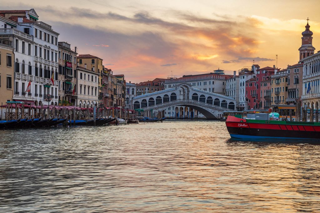 Sunrise over Rialto in Venice, Italy.