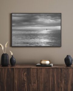 Framed print example of a black and white photo of a sailing boat at Kingsdown, Kent.