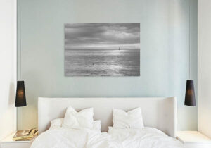 Sailing boat at Kingsdown in Kent in black and white, wall art canvas print example.