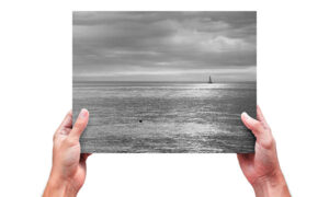 Sailing boat at Kingsdown in Kent in black and white, wall art paper print example.